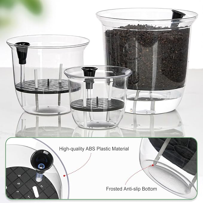 Self Watering Pots, 3 Pack 4 Inch Clear Plant Pot Self Watering Planter Flowers - Image 3