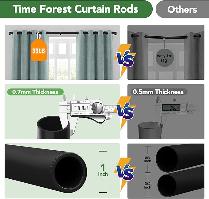 Time Forest Curtain Rods for Windows 32 to 240, 1 Inch Adjustable Black Heavy - Image 8