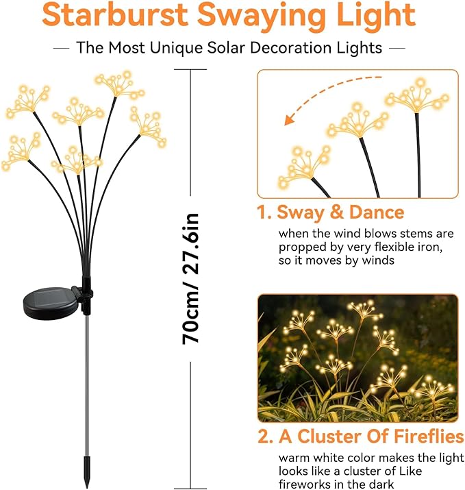 JJGoo Solar Garden Lights, New Upgraded 6 Pack Solar Swaying Starburst Light - Image 2