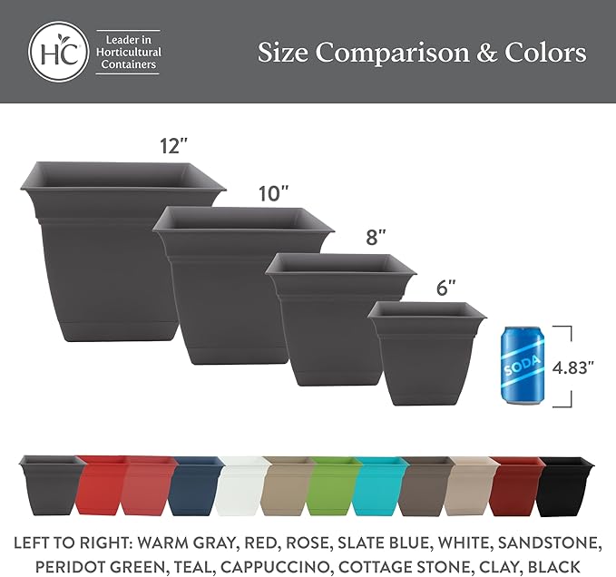 The HC Companies 12 Inch Eclipse Square Planter Pots w/Drainage Holes & - Image 6