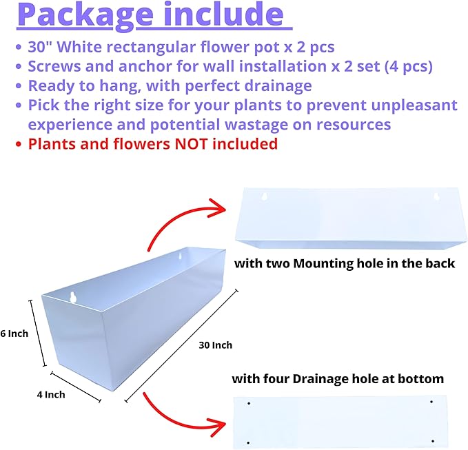 LaLaGreen Wall Planters White Carbon Steel Metal Hanging Flower Pots, Long - Image 2