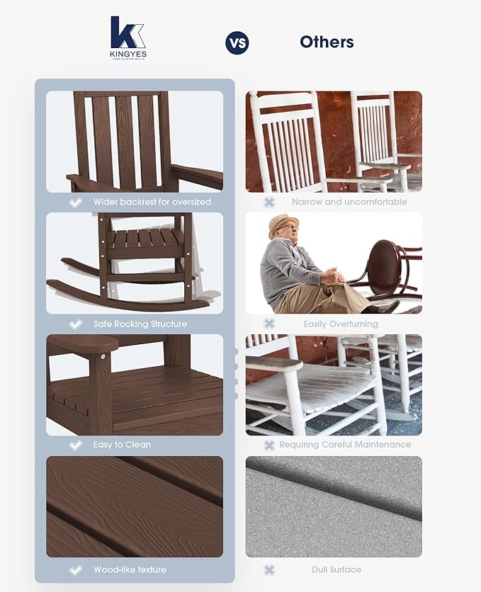 KINGYES Oversized Outdoor Rocking Chair, All-Weather Patio Rocking Chairs - Image 7