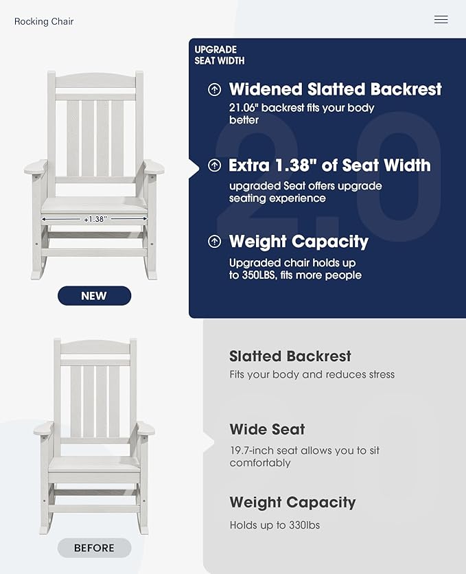 KINGYES HDPE Outdoor Rocking Chair, Widened Seat Patio Rocking Chair, Oversized - Image 4