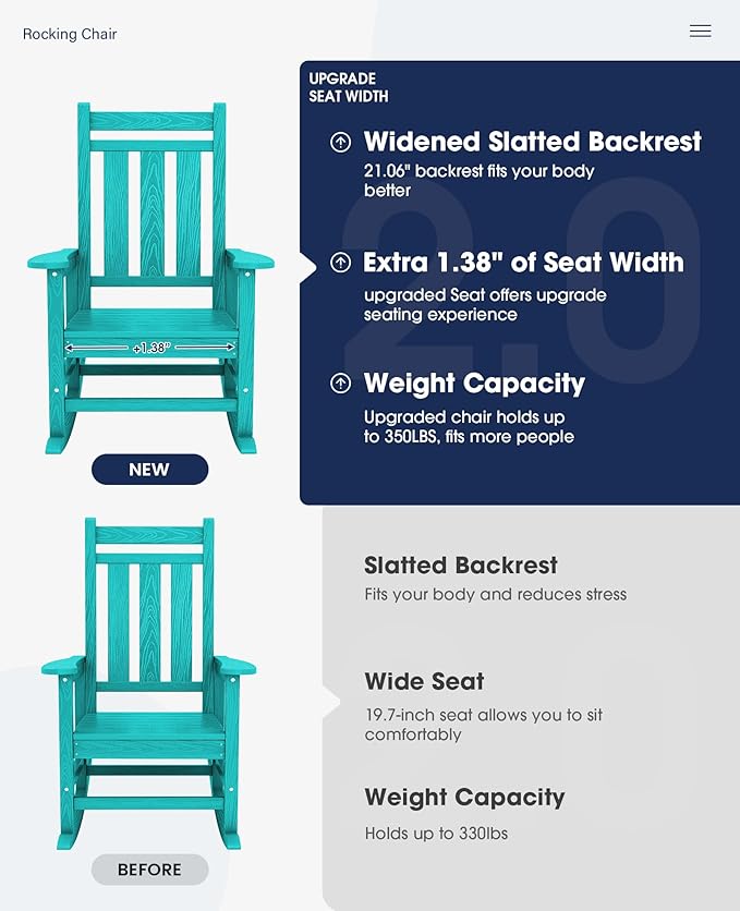 KINGYES Oversized Outdoor Rocking Chair Set of 2, All-Weather Patio Rocking - Image 3
