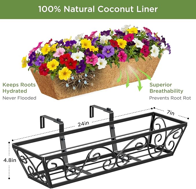 Y&M 24 Inch Window Deck with Coco Liner, Fence Metal Hanging Flower Planter - Image 3