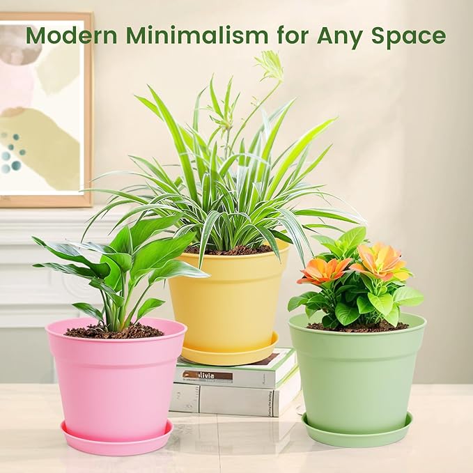 10 Pack 6 Inch Plant Pots with Drainage and Saucers, Plastic Flower Pots - Image 6