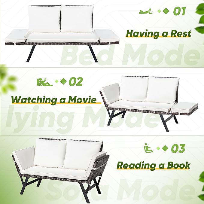 Greesum Outdoor Sofa, Woven Rattan Patio Furniture, Convertible Daybed or - Image 4