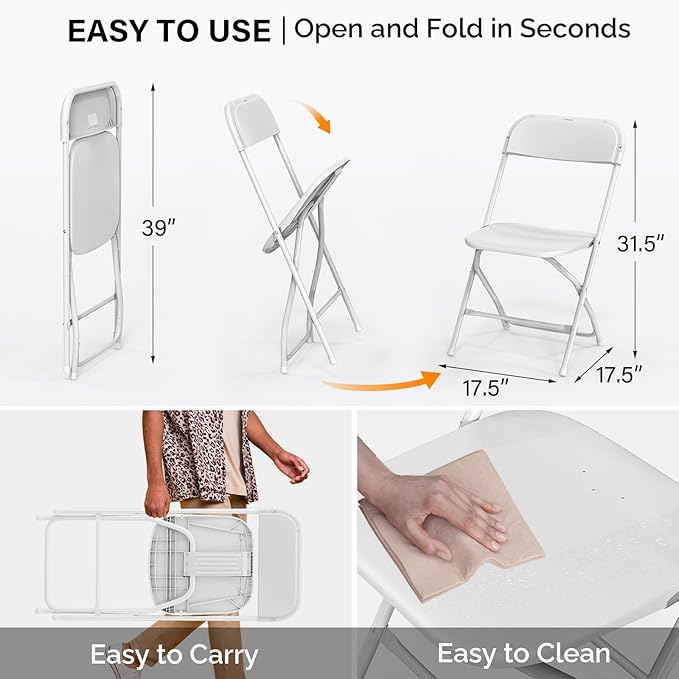 VINGLI 8 Pack White Plastic Folding Chair, Indoor Outdoor Portable Stackable - Image 3