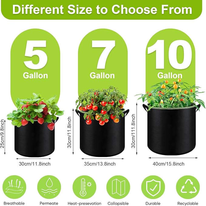 6-Pack 5/7/10 Gallon Grow Bags - 300G Heavy Duty Aeration Fabric Pots - Image 2