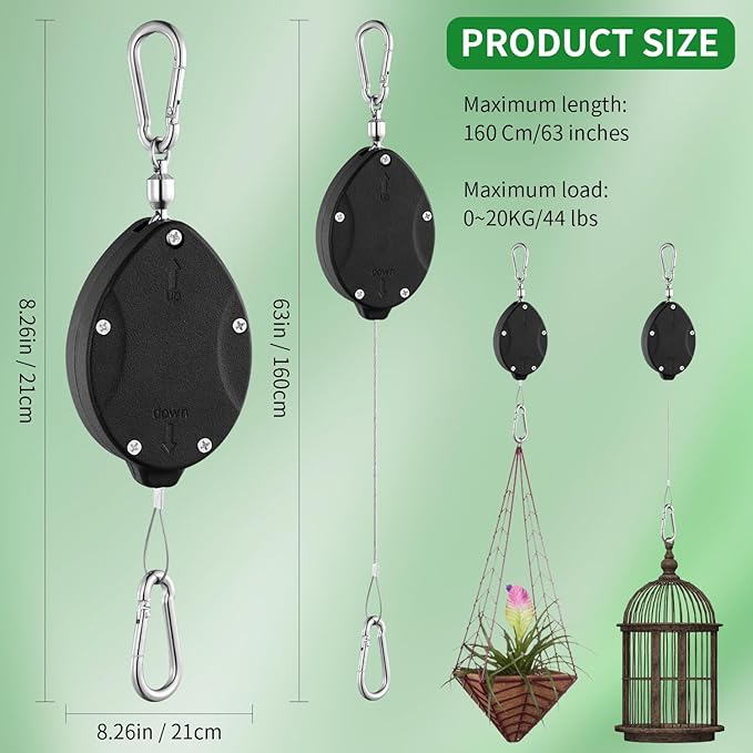 3 Pack Heavy Duty Retractable Plant Hangers Adjustable Pulleys - Image 2