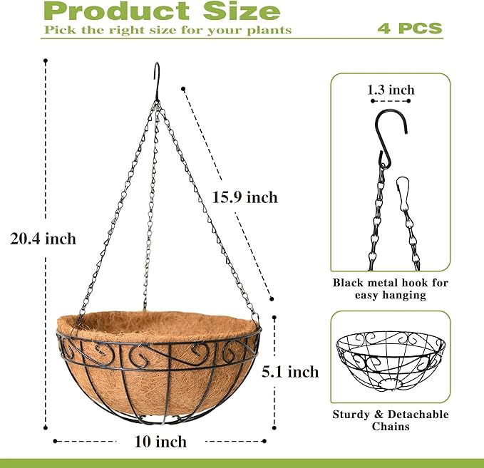 4 Pack 10 Inch Hanging Baskets for Plants Outdoor Metal Hanging Planter Hanging - Image 4