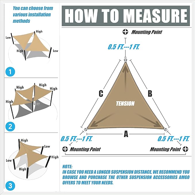 Amgo 14' x 14' x 14' Beige Triangle Sun Shade Sail UPF50+ Canopy Awning AGSLT - Image 3