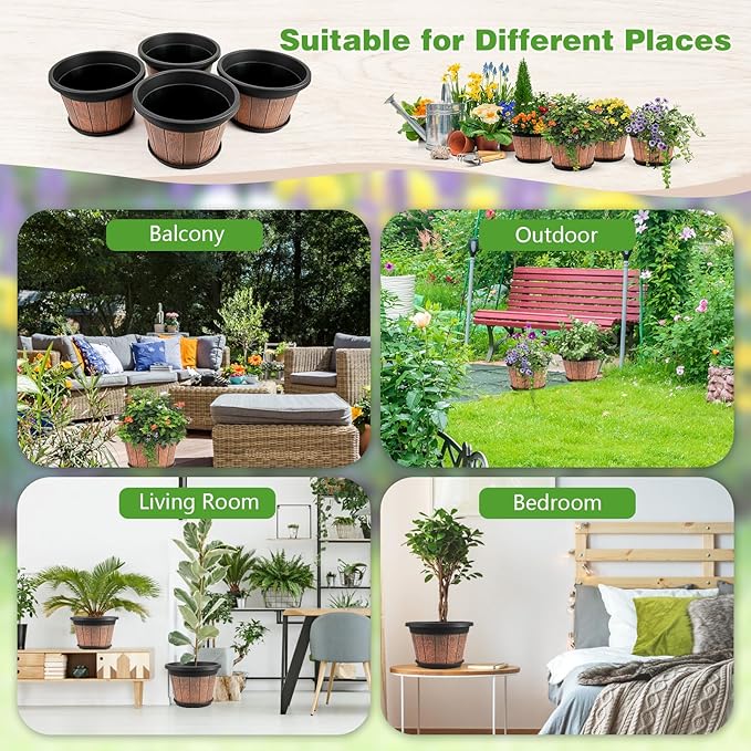 Quarut 4 Pack 12 inch Plant Pots, Whiskey Barrel Planters - Image 4