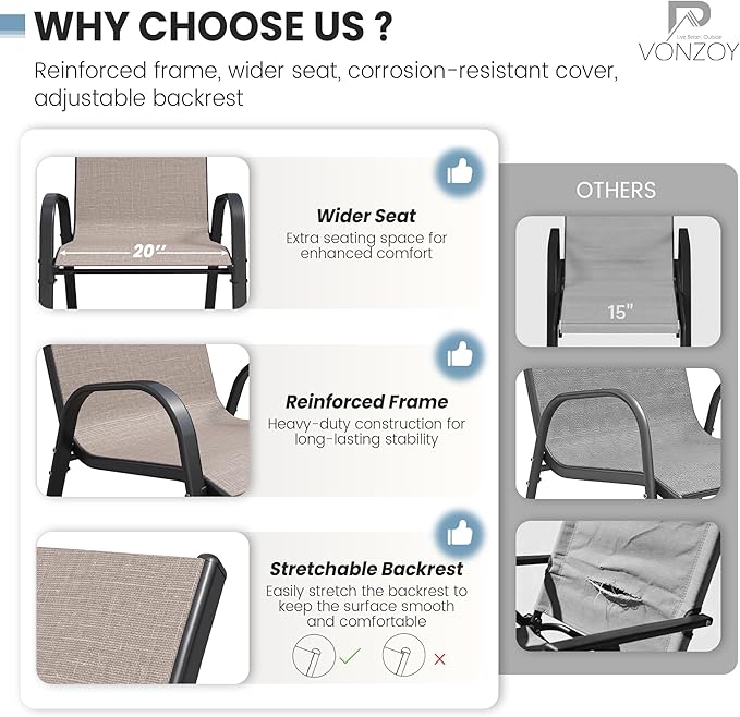 Patio Dining Chairs Set of 2, Outdoor Stackable Chairs, Breathable Seat and - Image 5