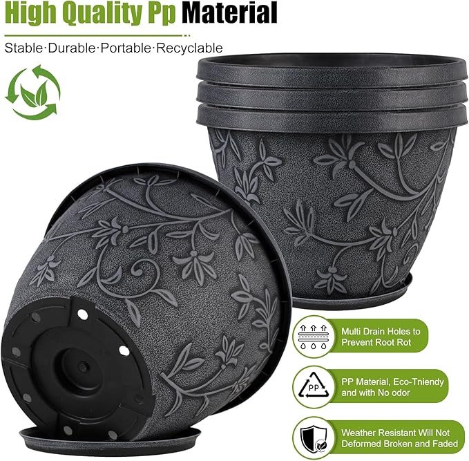 4 Pack 10 Inch Plant Pot for Outdoor Indoor, Plastic Flower Pots - Image 5