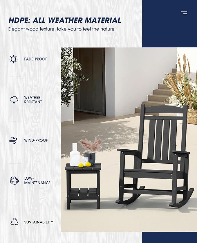 KINGYES HDPE Outdoor Rocking Chair Set of 4, Widened Seat Patio Rocking Chair - Image 5