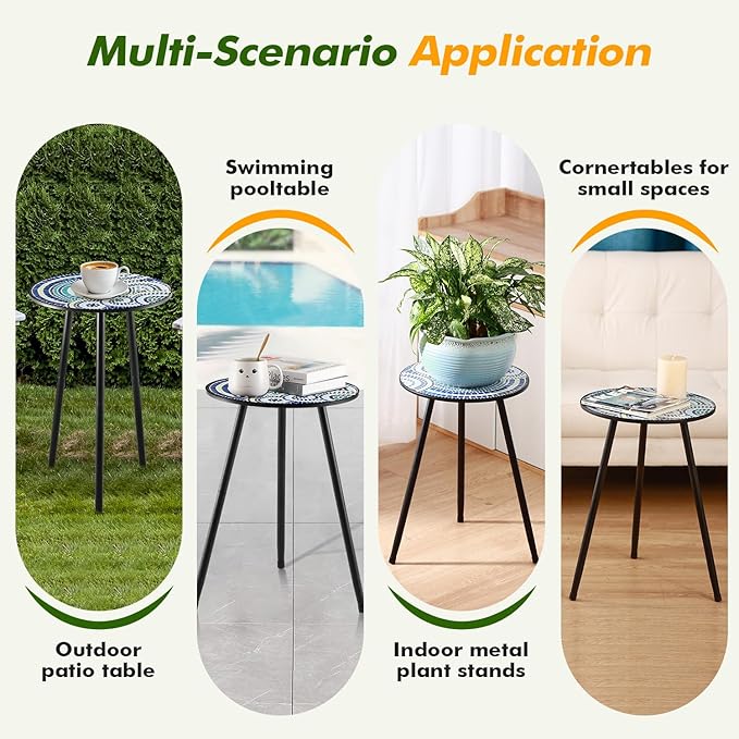 2 Packs Metal Mosaic Round Side Tables 13.4" Small Outdoor Patio Round Accent - Image 6
