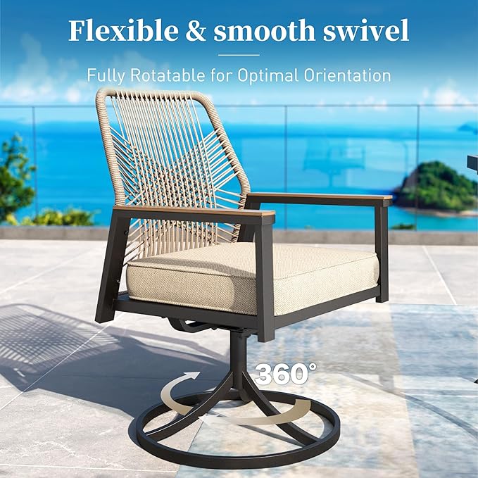 Patio Dining Set 9 Piece, 6 Woven Rattan Fixed Chairs and 2 Swivel Chairs - Image 4