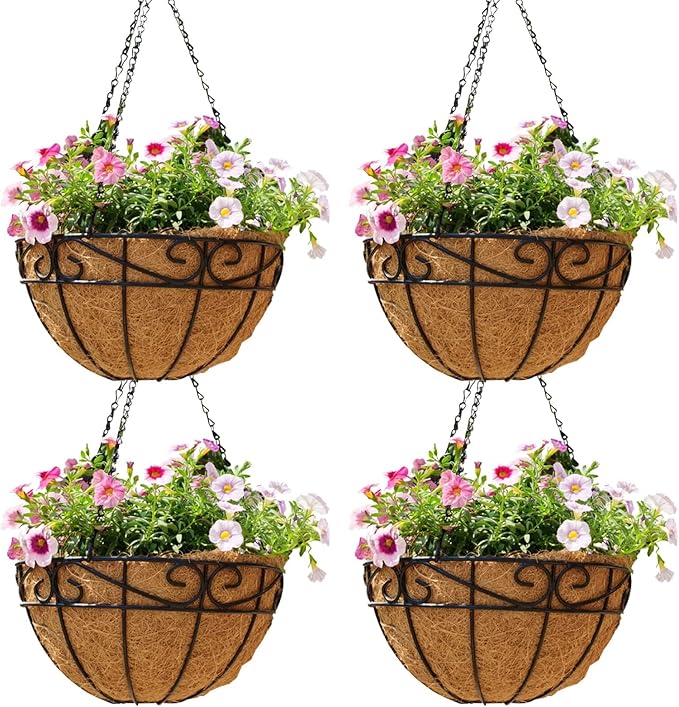 14 inch Metal Hanging Baskets For Plants Outdoor 4 Pack Round Metal Wire by JFFLYIT