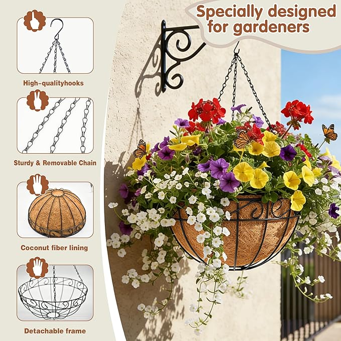 14 inch Metal Hanging Baskets For Plants Outdoor 4 Pack Round Metal Wire - Image 6
