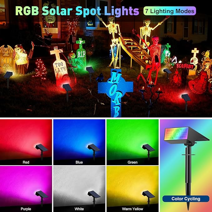 Solar Color Changing RGB Spot Lights Outdoor, 2 Pack/7 Lighting Modes - Image 3