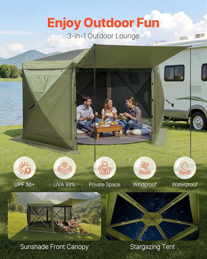 VEVOR Pop up Gazebo Screen Tent, 10 x 10 ft Large 6-Sided Camping Canopy Tent - Image 3