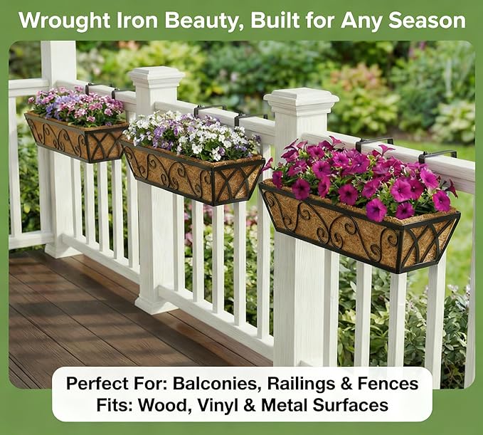 Y&M 24 Inch Window Deck with Coco Liner, Fence Metal Hanging Flower Planter - Image 8