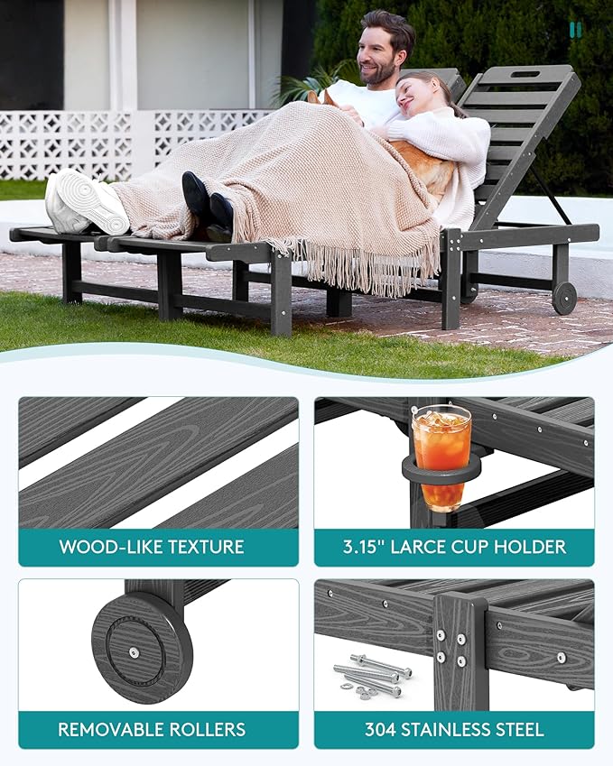 SERWALL Outdoor Chaise Lounge Chair, HDPE Patio Lounge Chair - Image 6