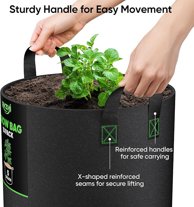 Grow Bags for Potato 5-Gallon: 10 Pack Black 350G Heavy Duty Thickened Fabric - Image 4
