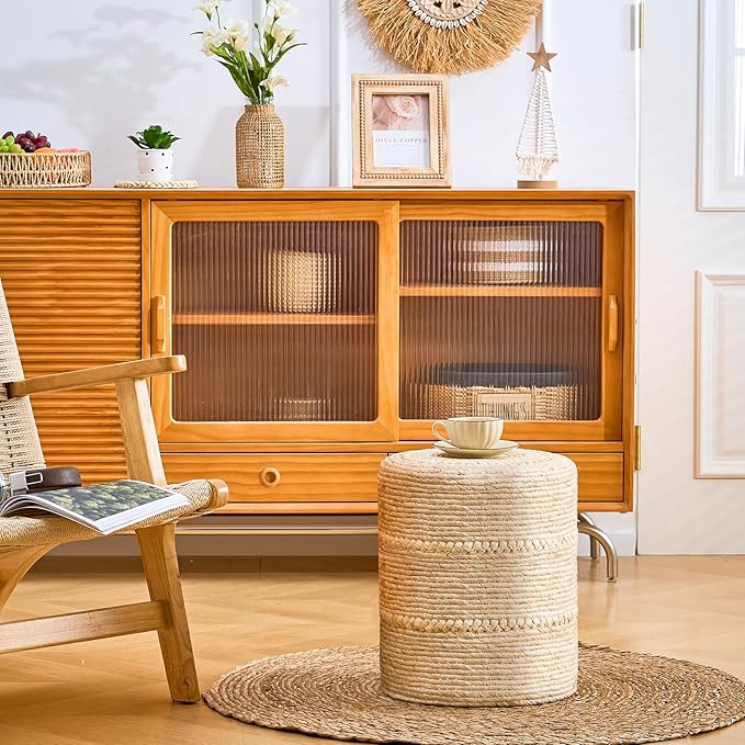 Wimarsbon Natural Seagrass Foot Stool, Hand Weaving Round Ottoman, - Image 4