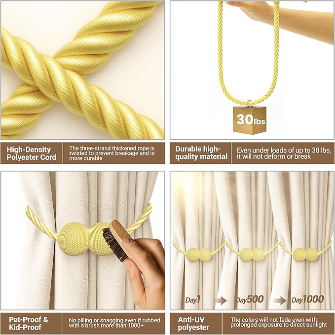 Hion Magnetic Curtain Tiebacks Golden 2pcs, Curtain Tiebacks Buckles Holdbacks - Image 3