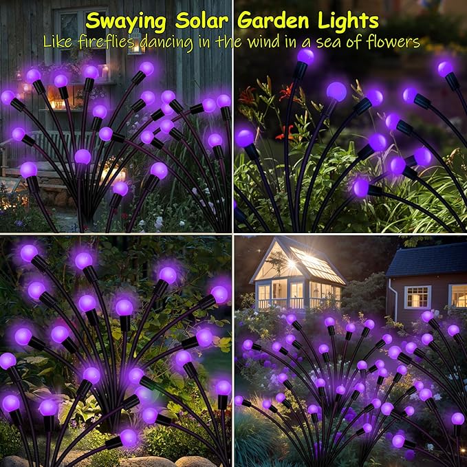 Solar Garden Lights Outdoor, 2 Pack 20 LED Solar Purple Firefly Lights - Image 3