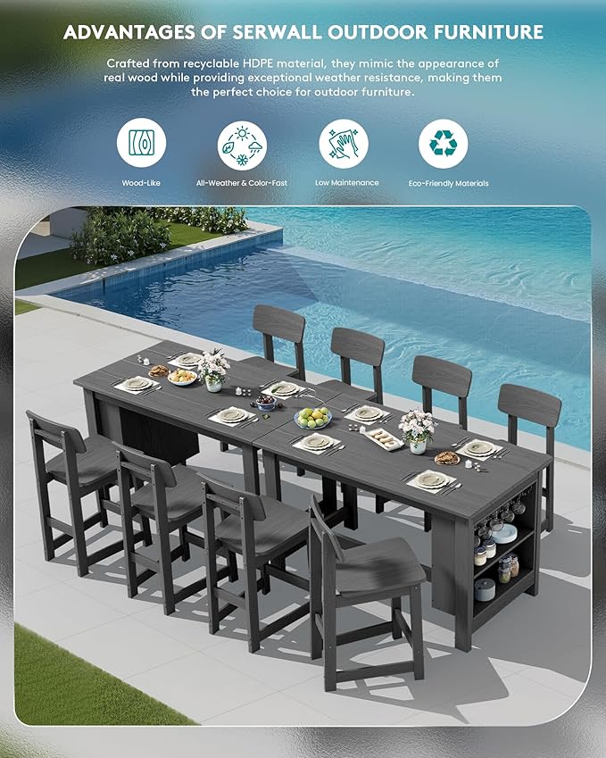 SERWALL Outdoor Bar Table and Chairs Set, 5-Piece HDPE Counter Height Patio - Image 8