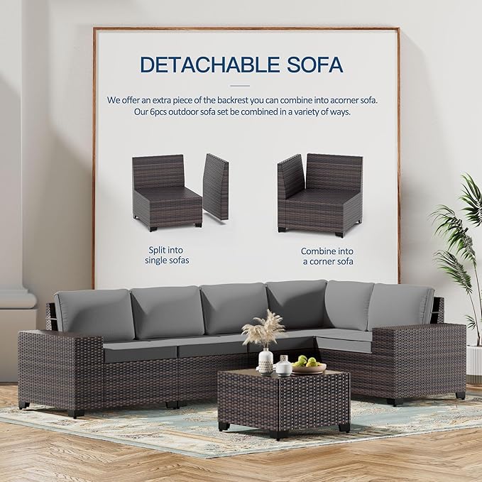 Kullavik 6PCS Outdoor Patio Furniture Set PE Wicker Rattan Sectional Sofa Patio - Image 5