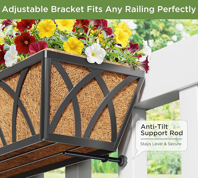 Y&M 24 Inch Window Deck with Coco Liner, Fence Metal Hanging Flower Planter - Image 7