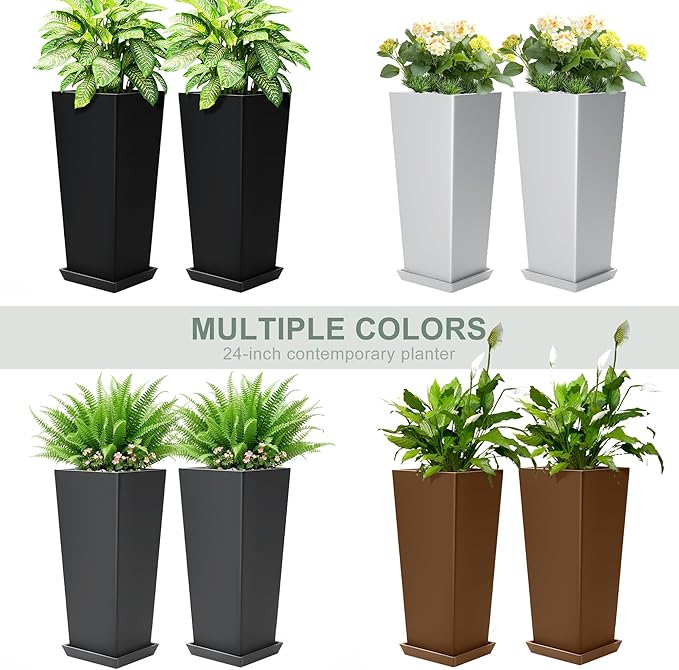 Set of 2 Tall Planters with Drainage Tray, 24 Inch Large Flower Pots - Image 7