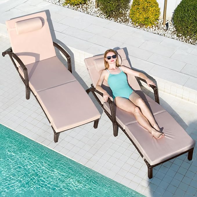 Chaise Lounge Chairs Outdoor Set of 2, Comfy Outside Wicker Patio Pool Lounge - Image 2