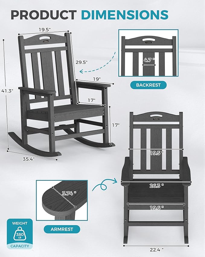 Ciokea Oversized Outdoor Rocking Chair, 380lbs Heavy-Duty Large Patio Rocker - Image 3