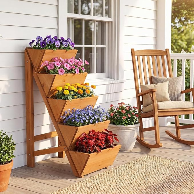 Giantex 5-Tier Wooden Vertical Raised Garden Bed Set of 2, Freestanding Plant - Image 4