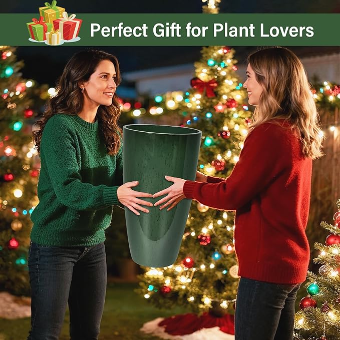 Set of 2 Lightweight Ceramic-Look Tall Planter, 21 inch Large Plastic Planter - Image 9