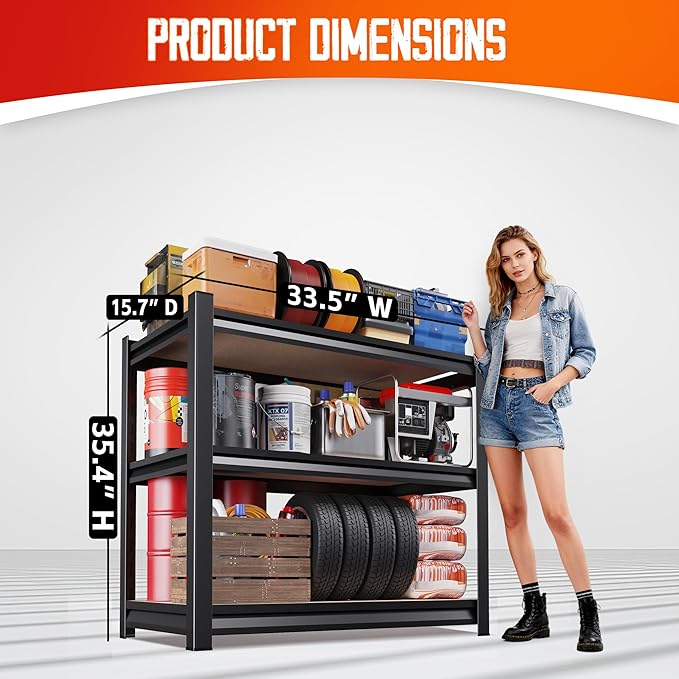 Set of 3 Garage Shelving, 3 Tier Garage Storage Shelves, Adjustable Heavy Duty - Image 6
