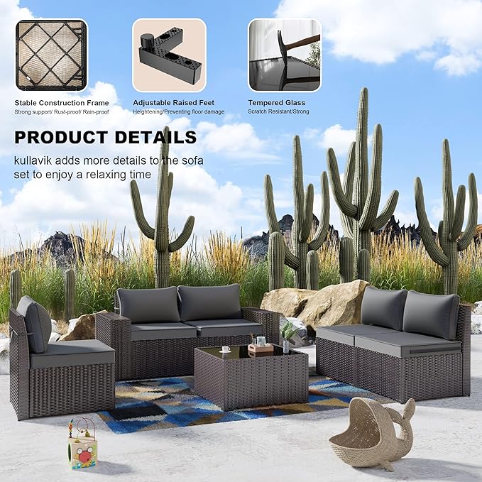 Kullavik 6PCS Outdoor Patio Furniture Set PE Wicker Rattan Sectional Sofa Patio - Image 6