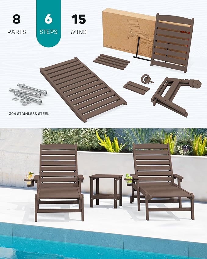 SERWALL Patio Chaise Lounge Chair Set of 2, Poly Lounge Chair - Image 7