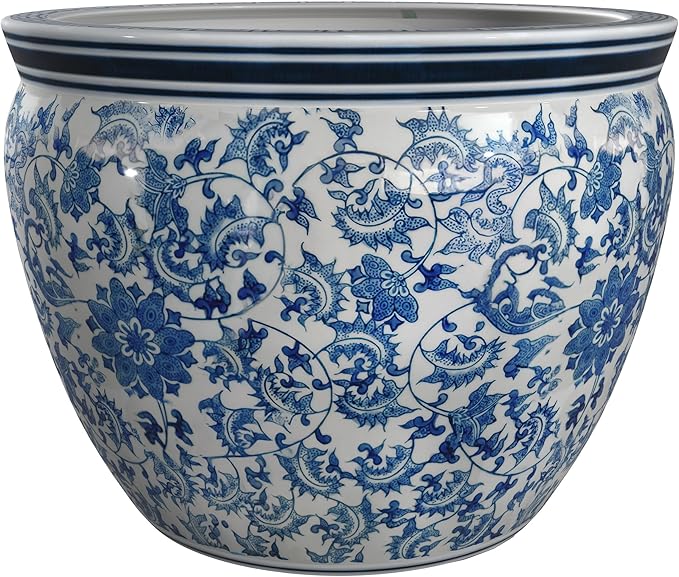 Red Lantern Large 20" Porcelain Fishbowl Blue & White Floral Planter or Cachepot - Image 6