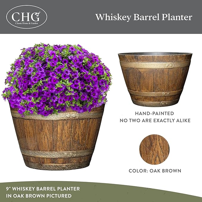 Classic Home and Garden Whiskey Plastic Resin Flower Pot Barrel Planter - Image 2