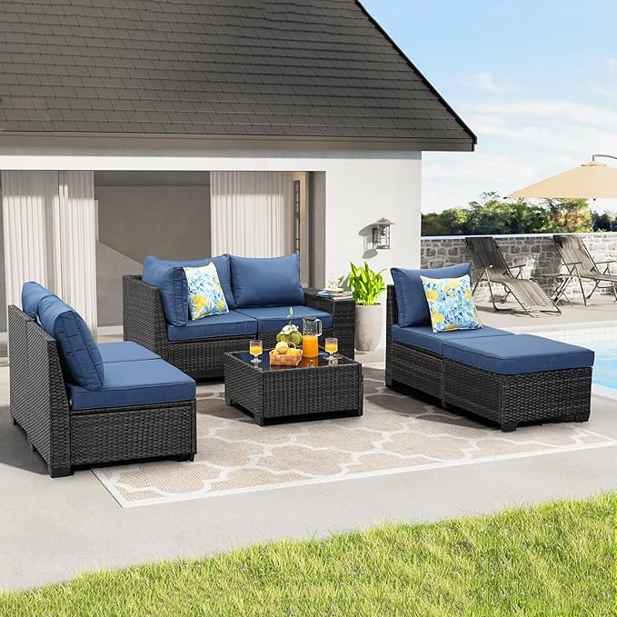 7 Pieces Patio Furniture Set All-Weather Outdoor Wicker Sectional Conversation - Image 7