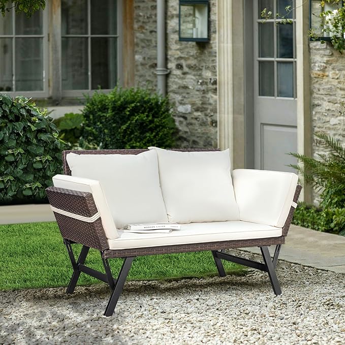 Greesum Outdoor Sofa, Woven Rattan Patio Furniture, Convertible Daybed or - Image 2