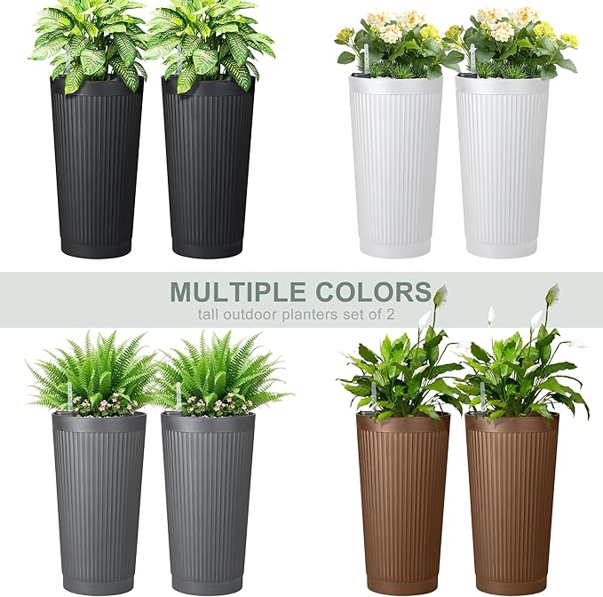 Self Watering Tall Black Planters Outdoor Set of 2, 24” Flower Pots Planters - Image 6