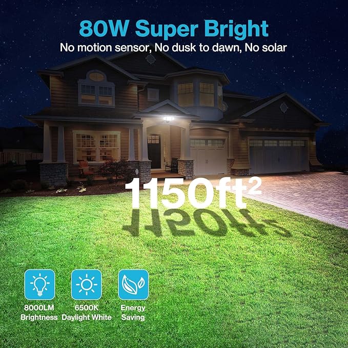 Olafus 80W Flood Lights Outdoor, Switch Controlled 8000LM LED Security Lights - Image 3