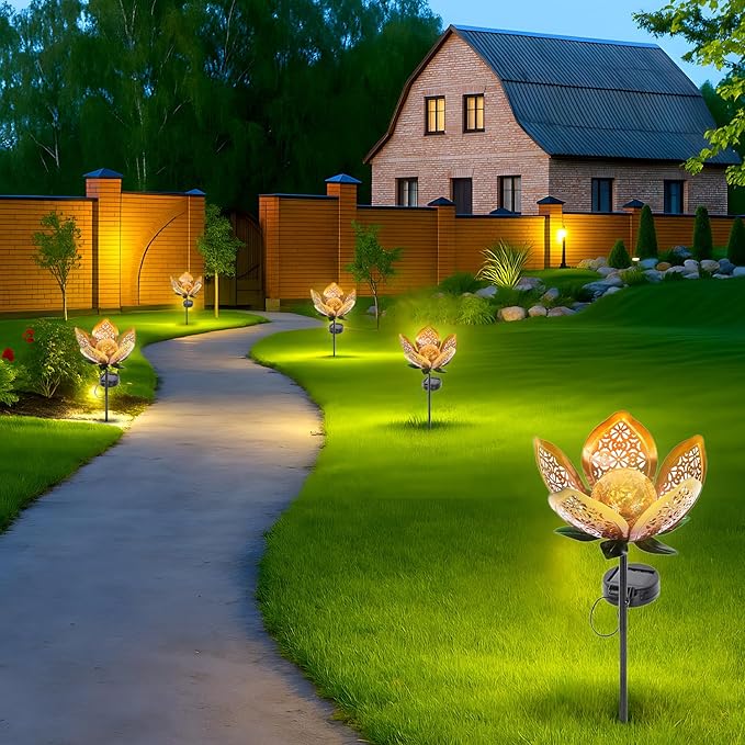 Solar Lights Outdoor Garden Decor, LED Lotus Flower Lamp, Metal Tulip Solar - Image 7